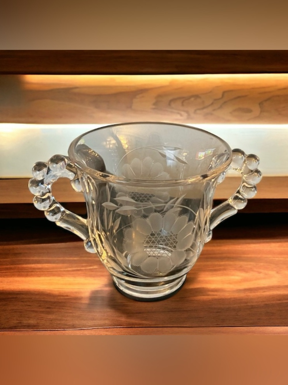 Vintage WJ Hughes CORNFLOWER Etched Glass Sugar Holder Candlewick Handles Dainty
